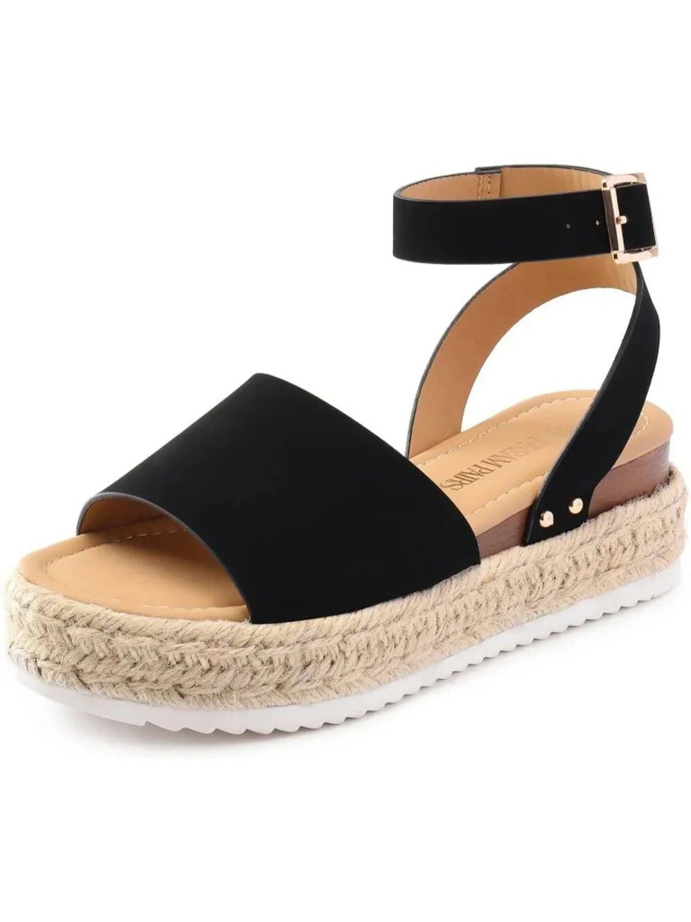 Women's Black Comfortable Platform Espadrilles Ankle Strap Wedge Sandal Shoes